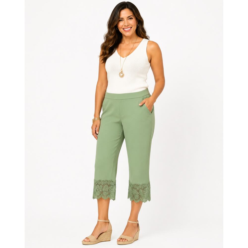 Isaac Mizrahi Live Women’s 2X Sage Green Lace Hem Crop Pants Pull-On Capri